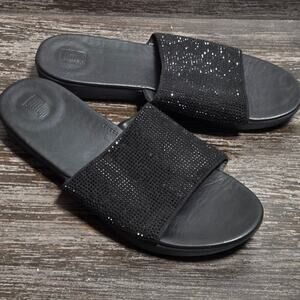 Fitflop Women's Black Ginny Glitz Slide Comfort Summer Sandal  Size 9